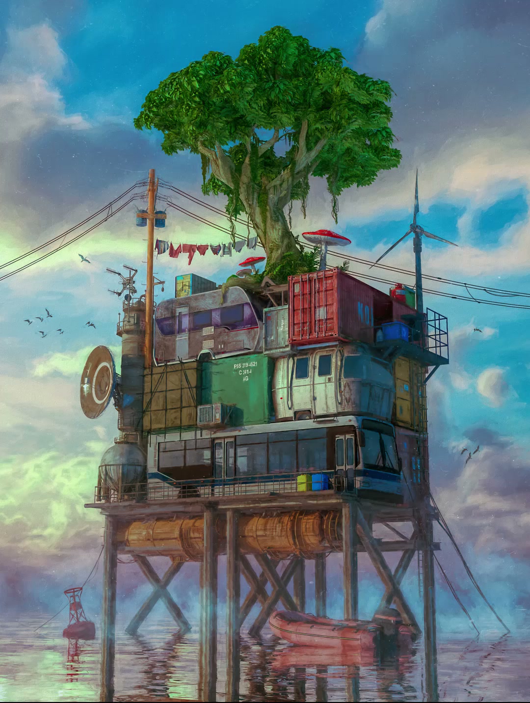 OCEAN FRONT: shipping containers, a bus and trailers stacked on a stilted platform at sea, with a tree growing on top