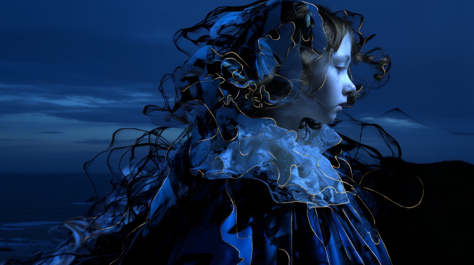 A girl in profile in a pale lace ruff and dark blue gown, gold lines curling around her against a dusk sky