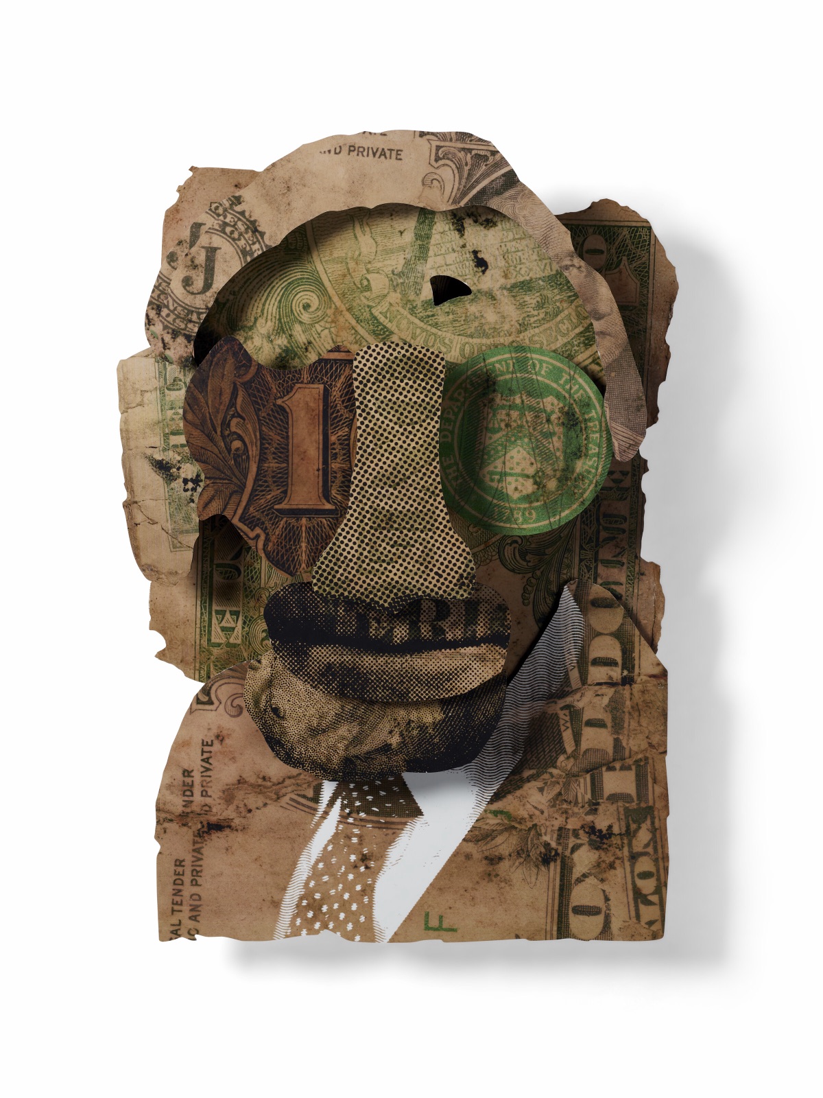 A wall portrait of Warren Buffett built from layered, stained and torn pieces of US dollar bills
