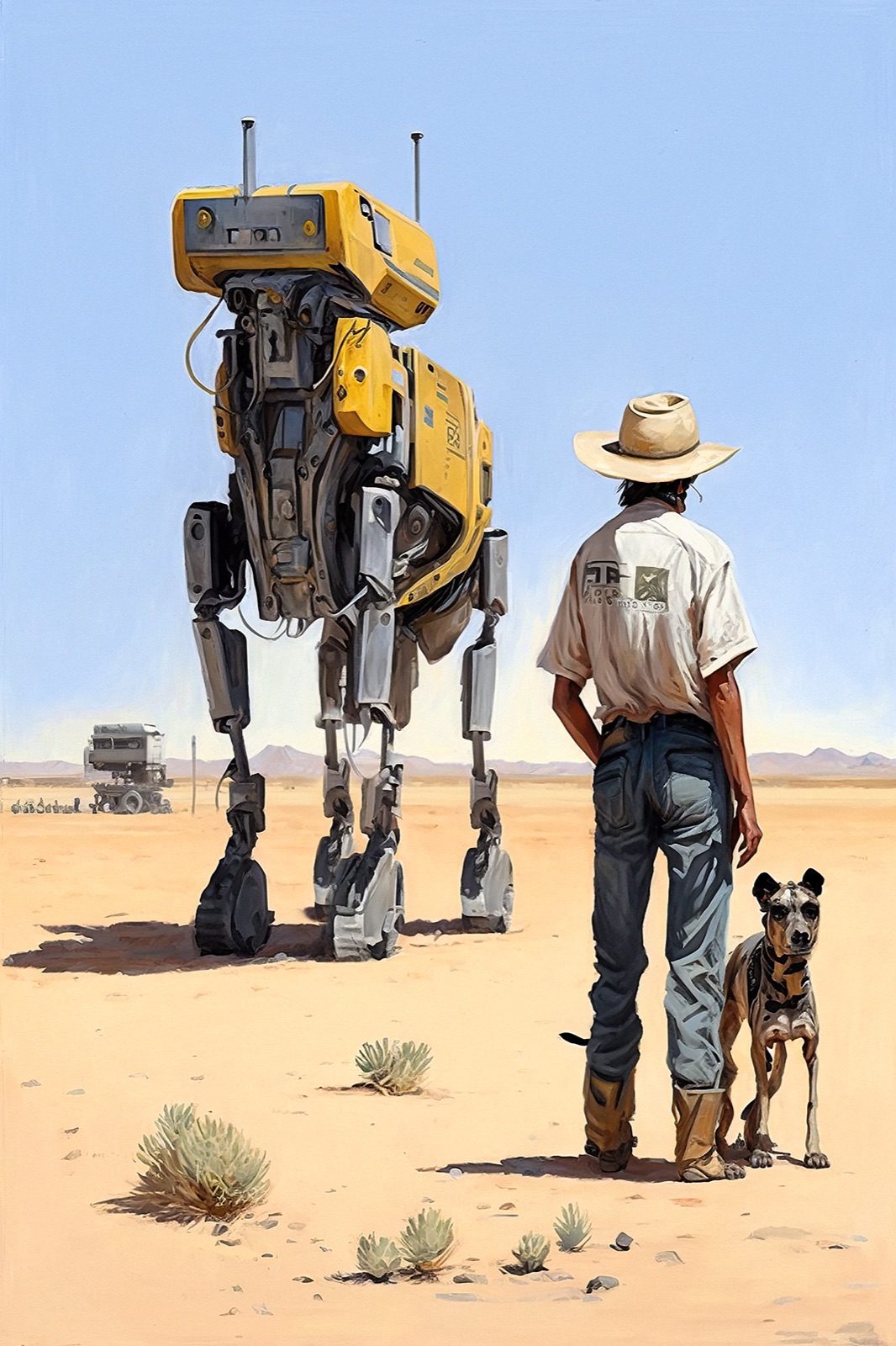 A boy in a straw hat and his dog stand in the desert beside a tall yellow walking machine