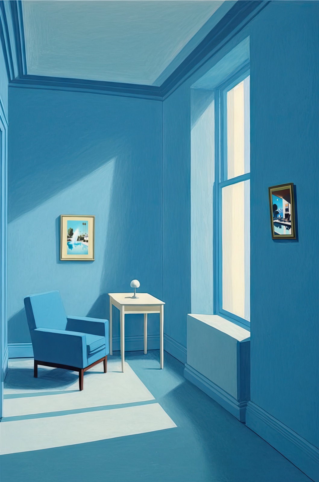 An all-blue room with an armchair, a small table and lamp, and sunlight from a tall window
