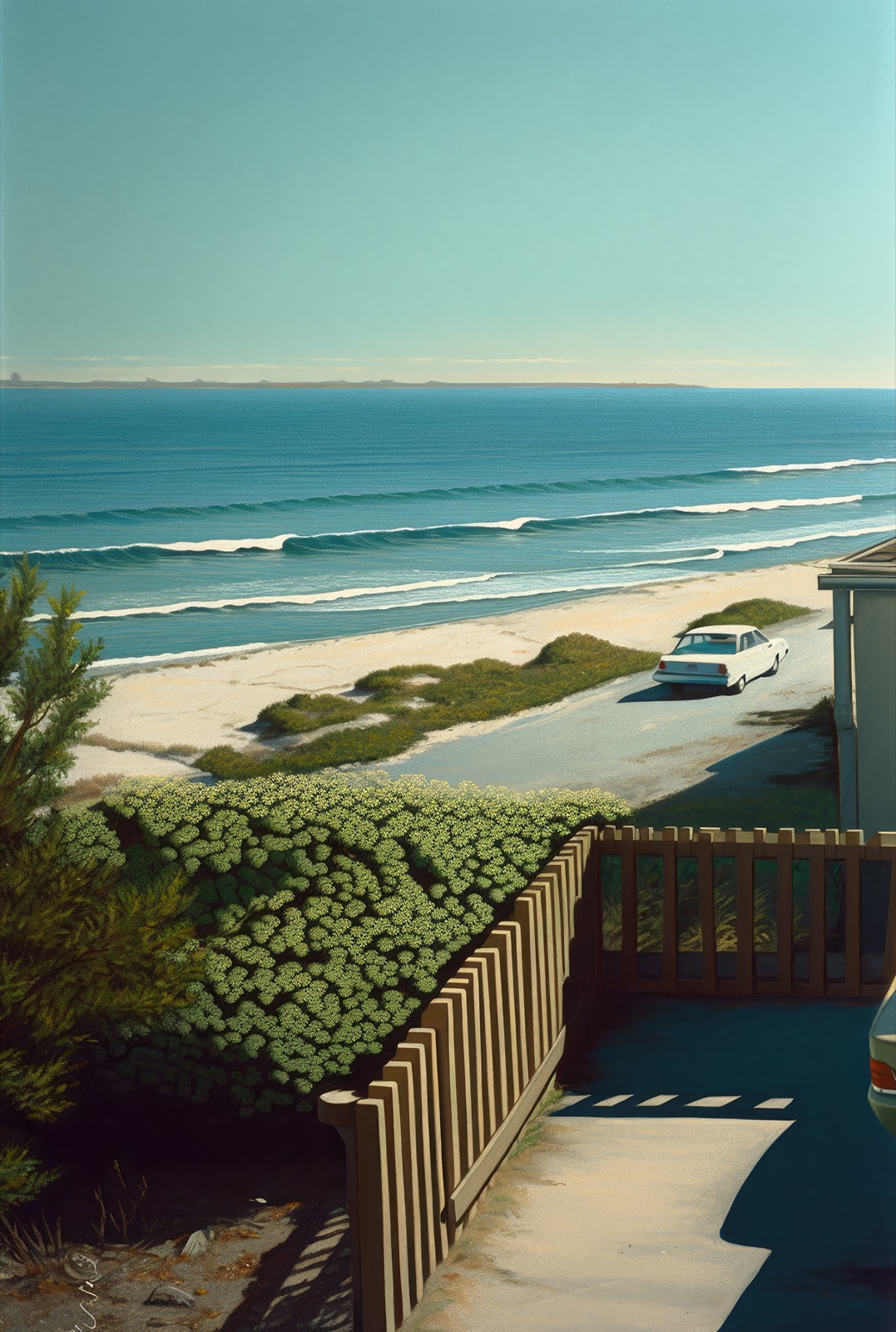 A beach road above the sea, a white car parked beside a wooden fence and low green shrubs