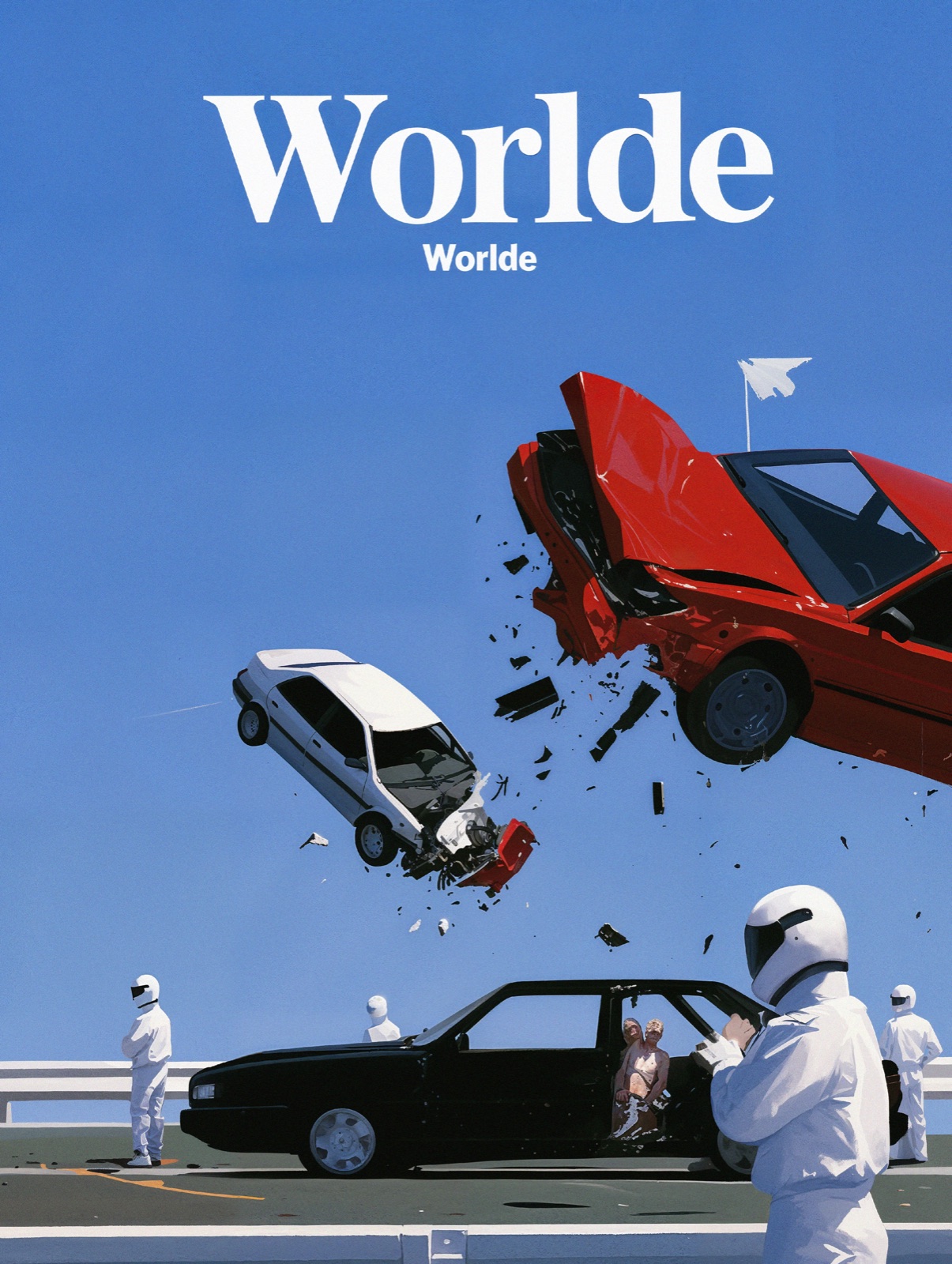 A Worlde magazine cover of two cars flying apart in a crash test, watched by figures in white suits