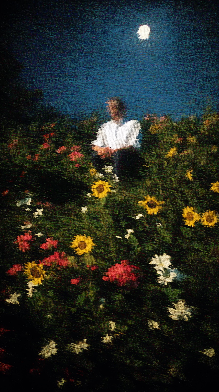 A blurred man in a white shirt sits in a field of sunflowers under a full moon