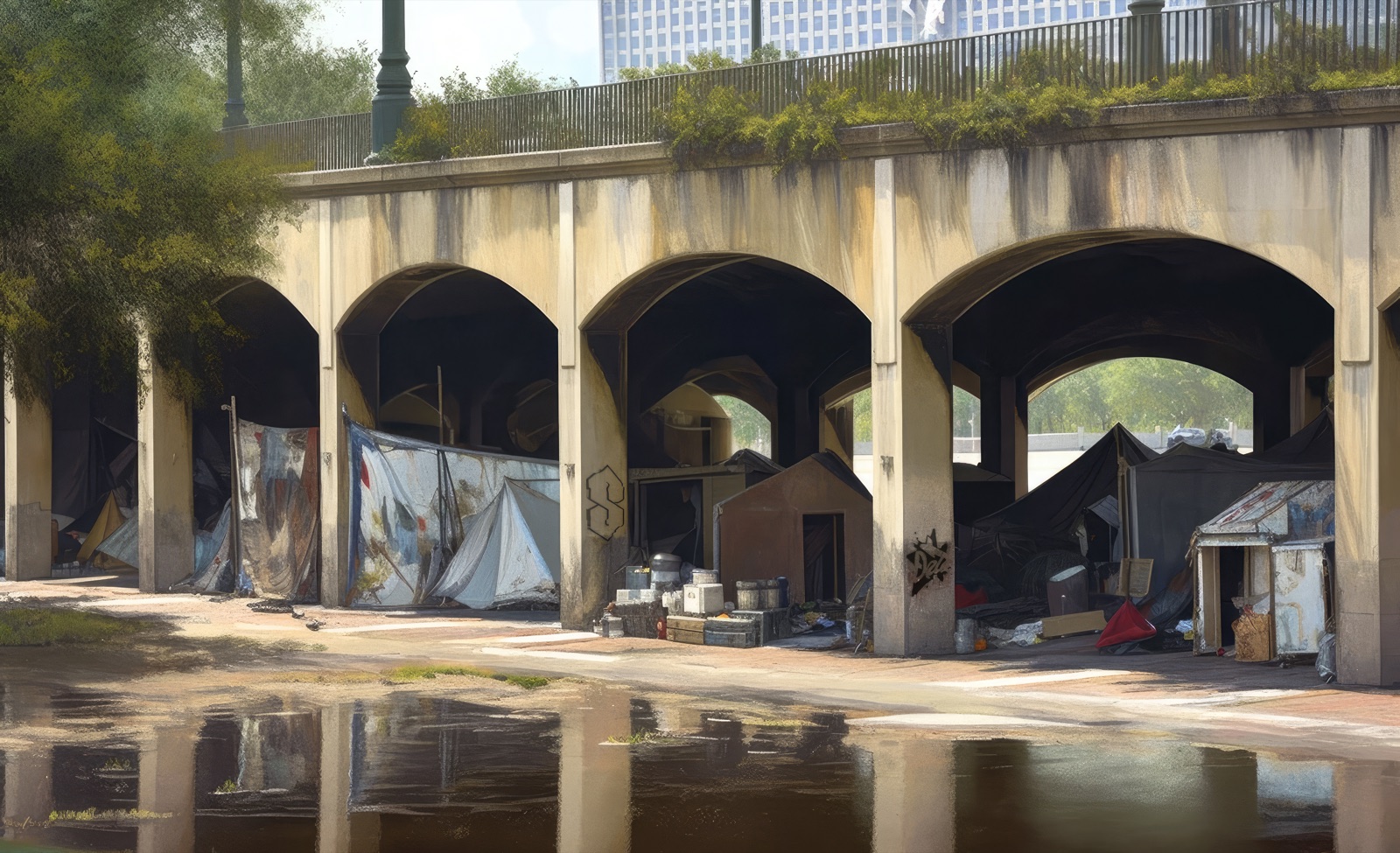 Tents and makeshift shelters under the arches of a concrete overpass, reflected in a puddle