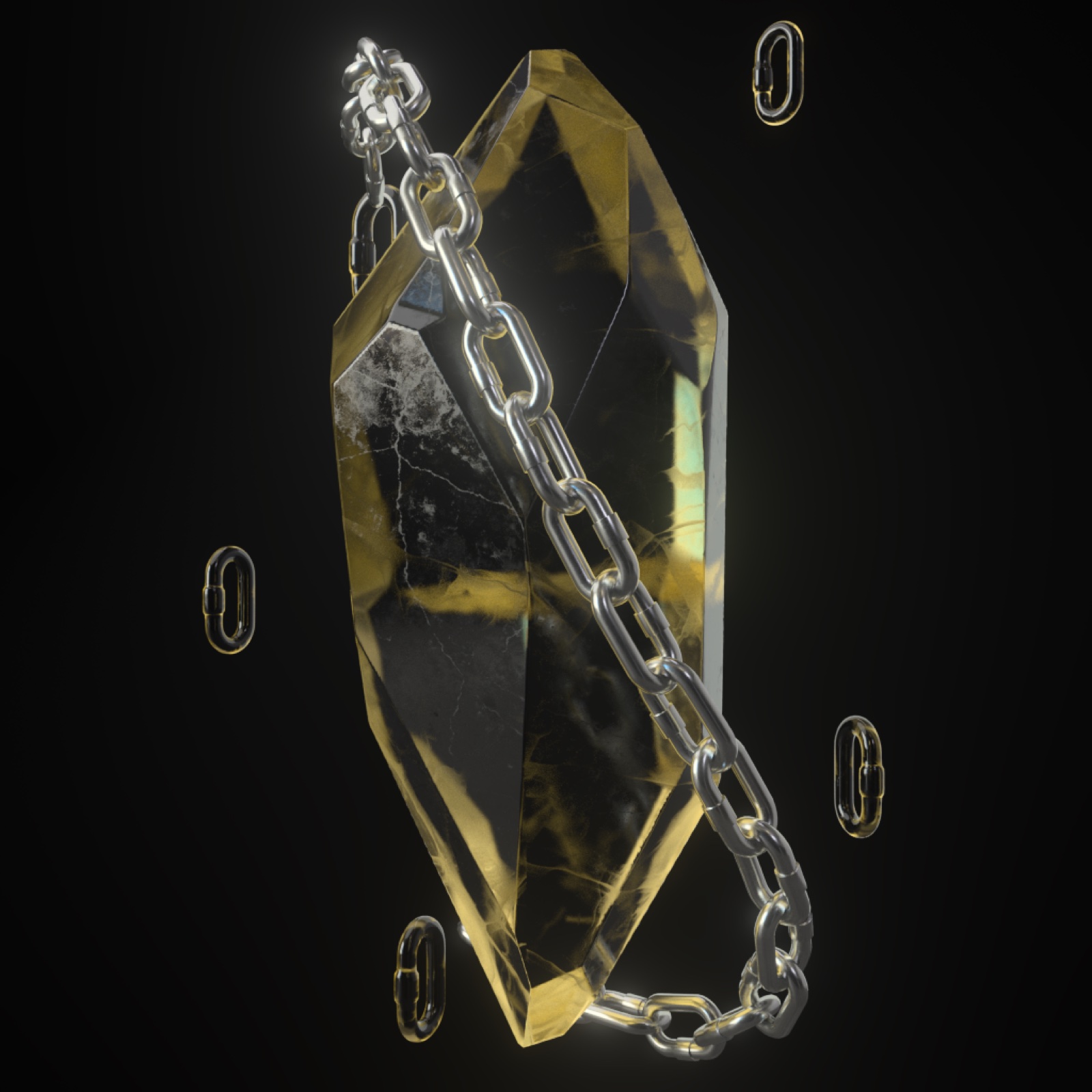 A yellow and black marbled crystal wrapped in a silver chain, with small links floating on black