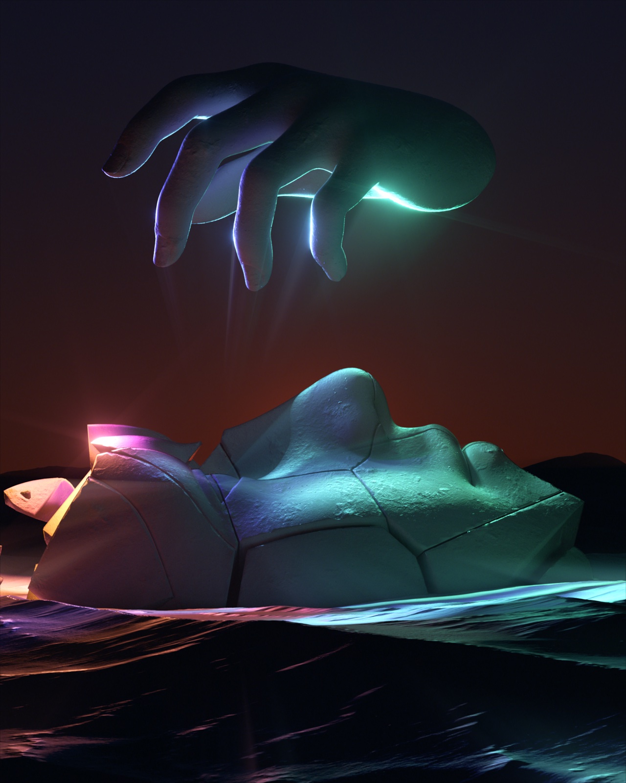 A glowing hand reaching down over a cracked stone face lying in dark water at dusk
