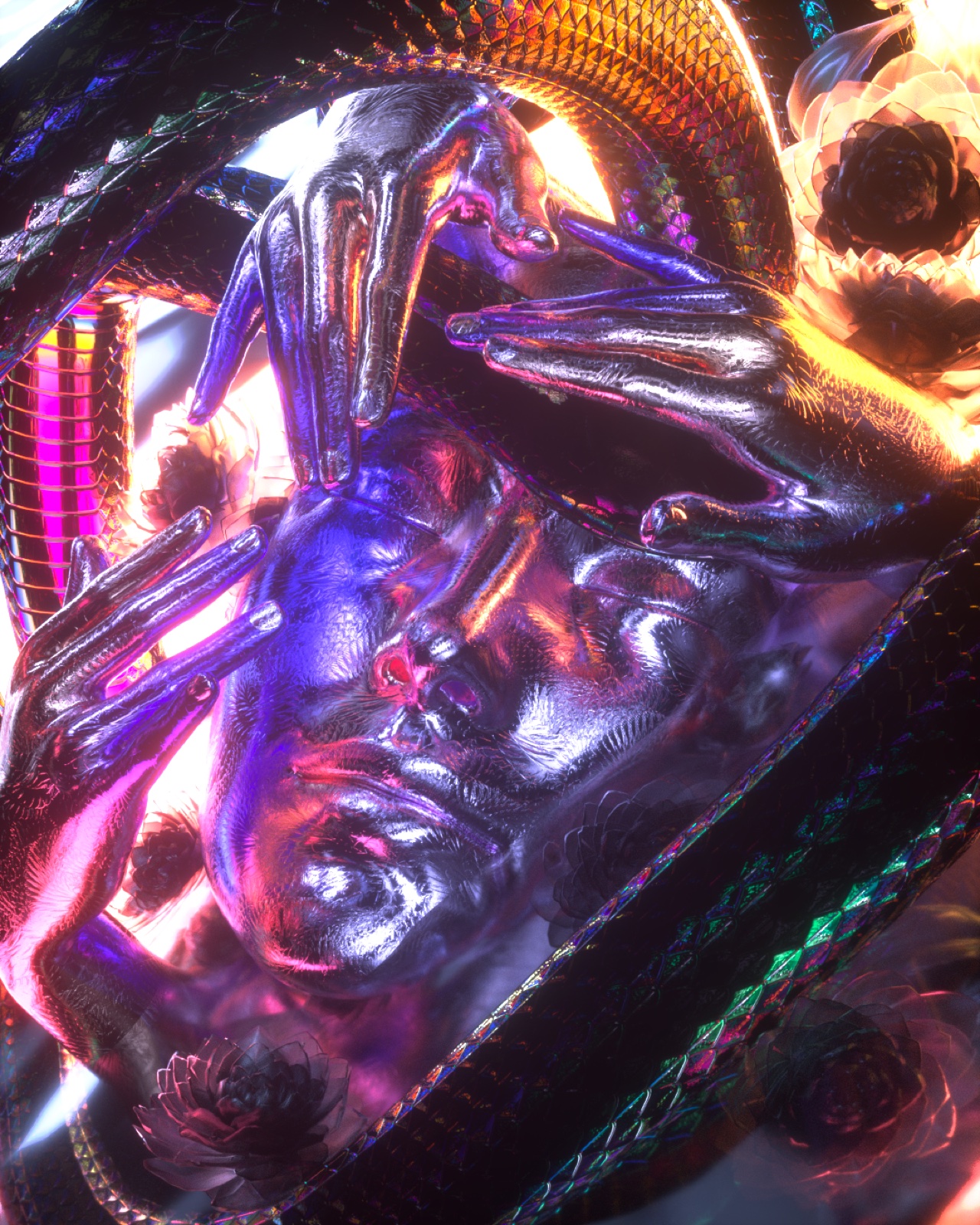 A chrome face held by silver hands, wrapped in coiled snake scales and pale roses, lit purple and gold
