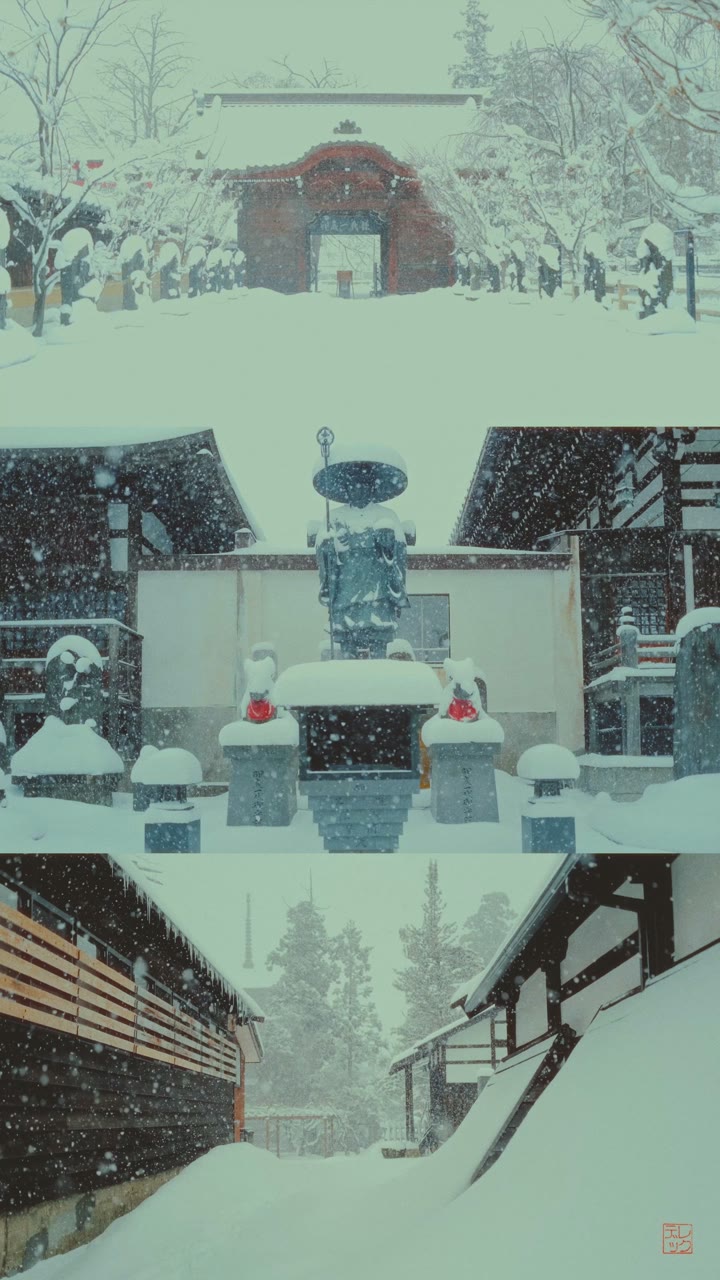 A vertical triptych of a snowy temple gate, a stone Buddha in a temple courtyard and a snowy lane