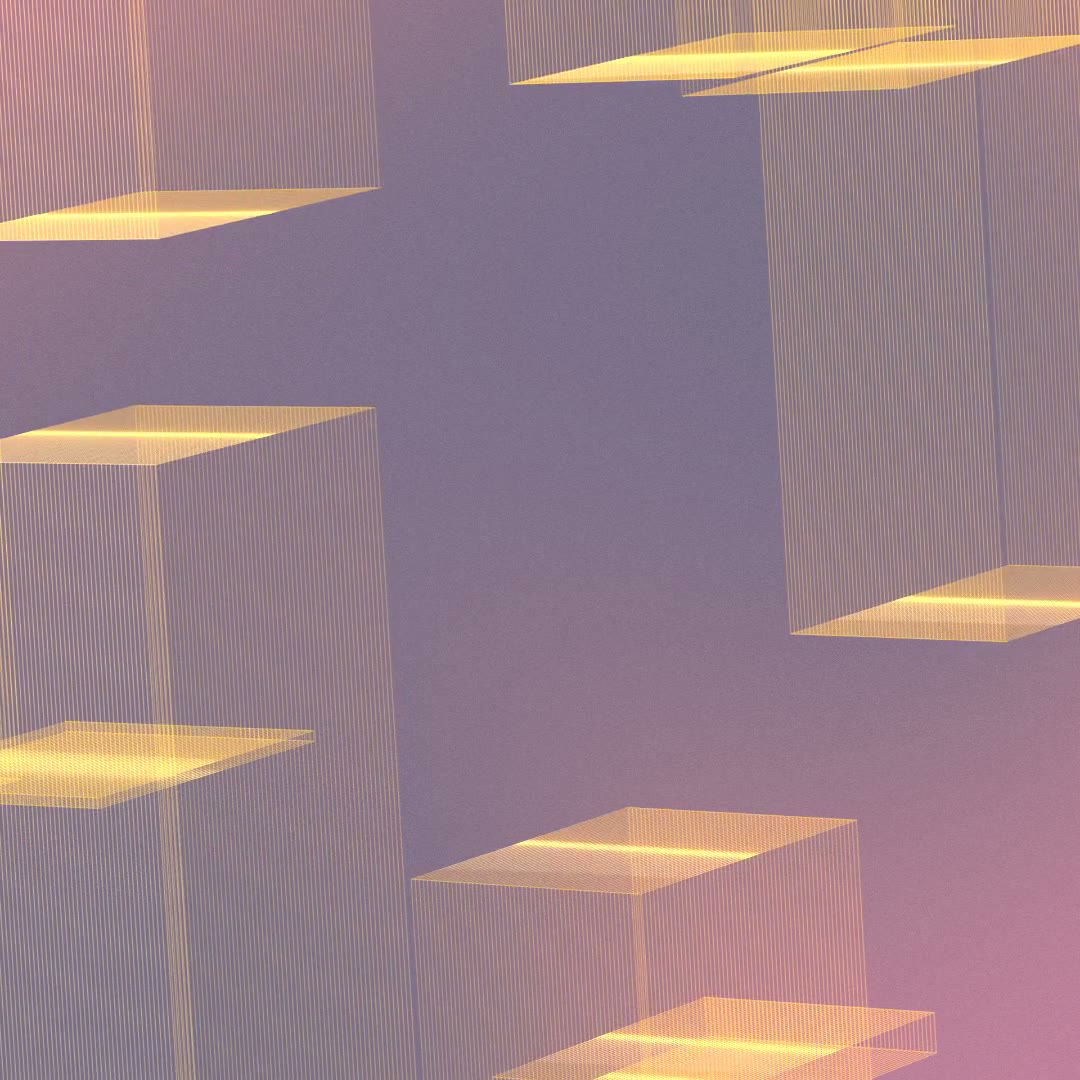 Translucent golden wireframe boxes floating over a violet to pink gradient
