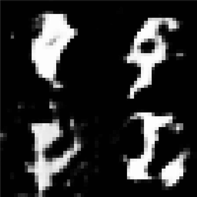 A grid of four blurry white glyphs on black, generated from handwritten digits