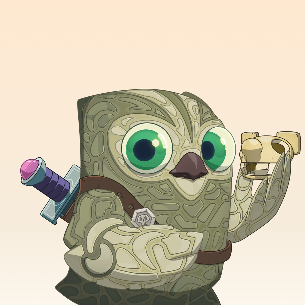 Mythics #0, a stone owl with green eyes holding a rat skull, a sword on its back, on peach