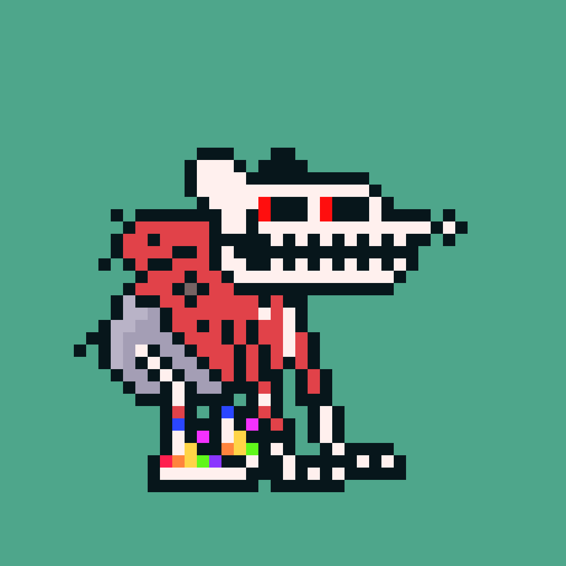 Oddities #0, a pixel skeleton rat in a red hoodie and rainbow sneakers on a green background