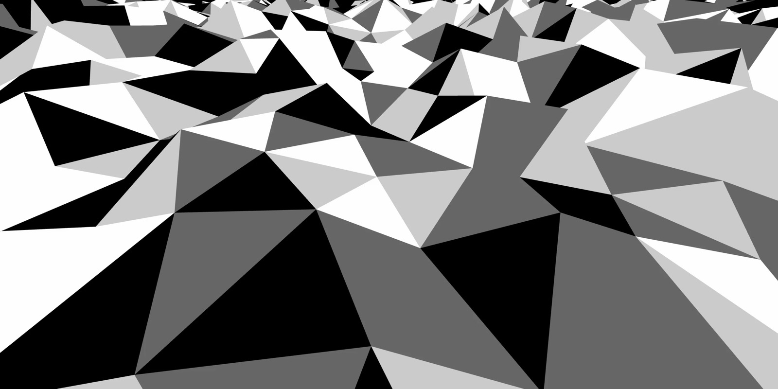 Black, white and grey triangles folding into a jagged landscape that recedes to the horizon