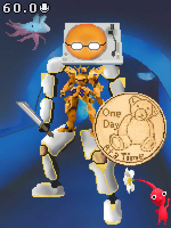 Bonkler #1, a pixel-art mech with a record player head, holding a knife and a teddy bear coin