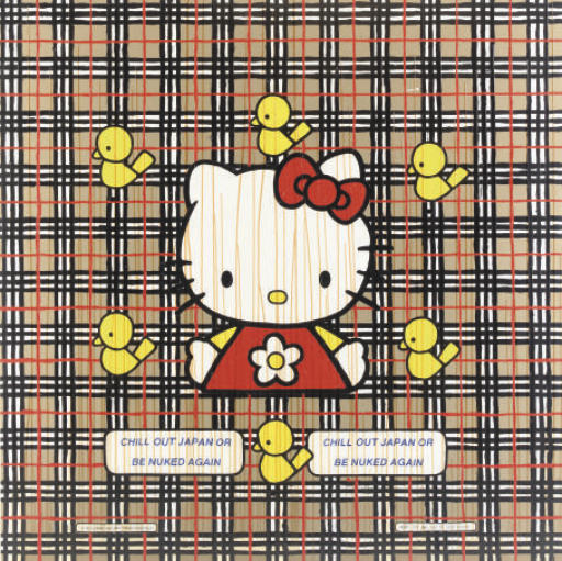 Hello Kitty ringed by yellow chicks on a Burberry check, with the title painted twice below her
