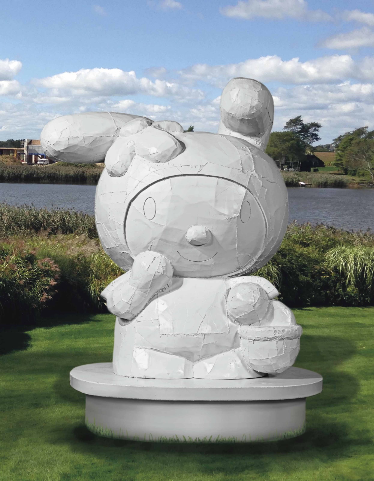 A ten-foot white painted bronze of the Sanrio character My Melody on a round base, standing on a lawn
