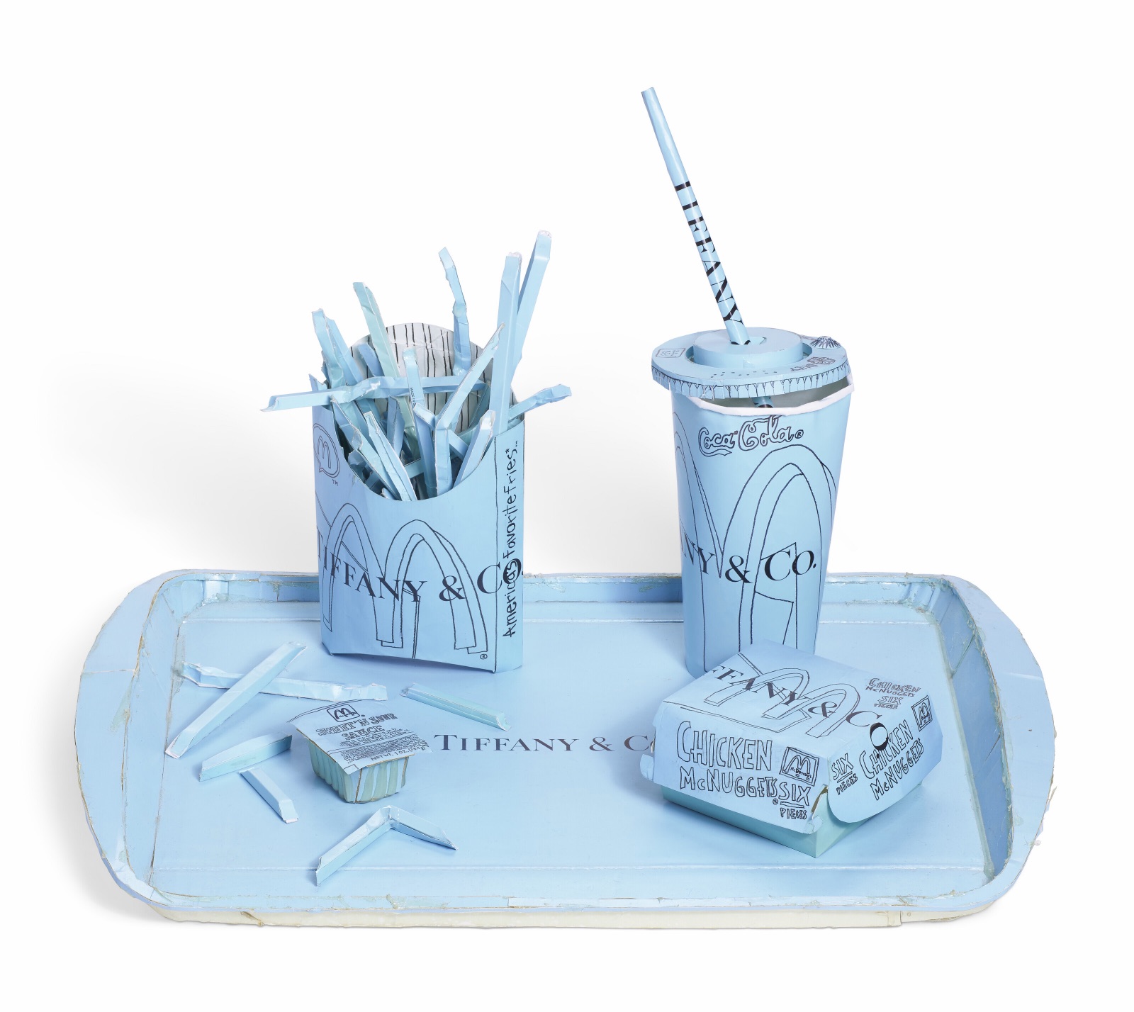 A McDonald's meal of fries, a drink, nuggets and a tray, all built from pale blue Tiffany paper bags