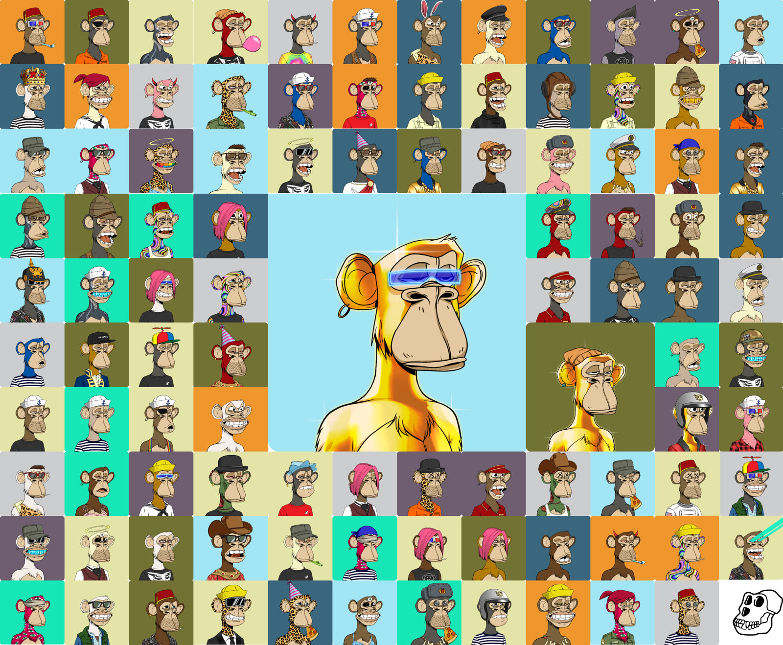 Collage of the 101 Bored Apes in the lot on colored squares, around a large gold ape with a blue visor