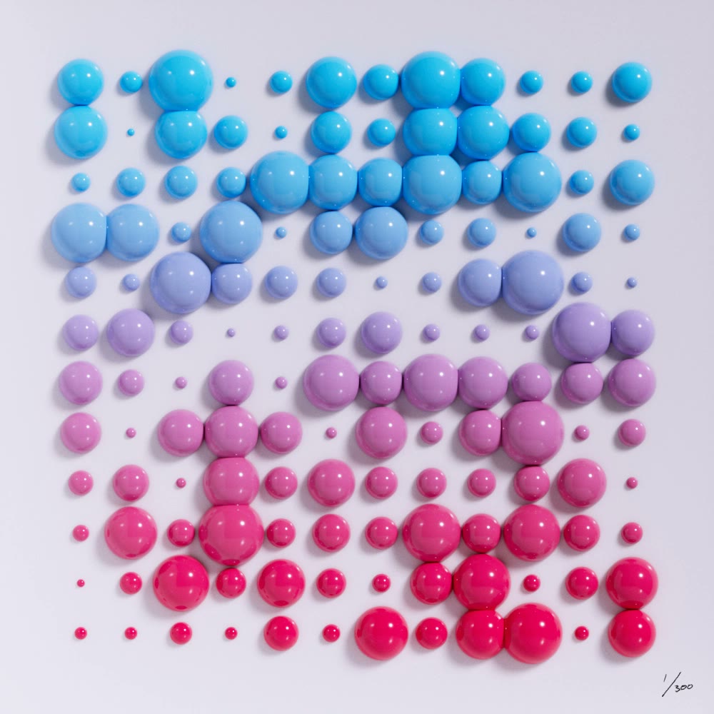 TwelveFold 1/300, rows of glossy spheres of different sizes shading from sky blue to deep pink on white